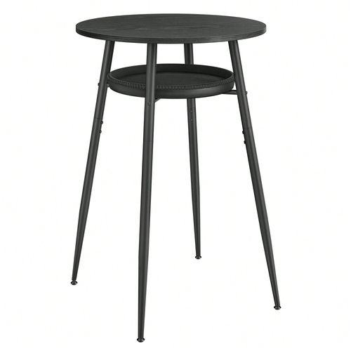 Table De Bar Avec Rangement, Table Haute Ronde, Pu Avec Coutures, Style Moderne Mi-Siècle, Assemblage Facile, Noir Boisé Et Noir D'encre