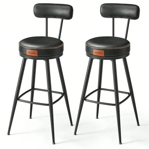 Tabouret De Bar, Lot De 2, Siège Rembourré, Pu Avec Coutures, Style Moderne Mi-Siècle, Hauteur 76 Cm, Noir D'encre