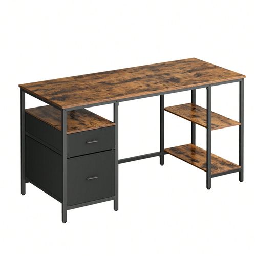 Bureau D'ordinateur, Table Avec Rangement, 3 Étagères, 2 Tiroirs, 60 X 140 X 76 Cm, Pour Bureau, Salon, Style Industriel, Marron Rustique Et Noir