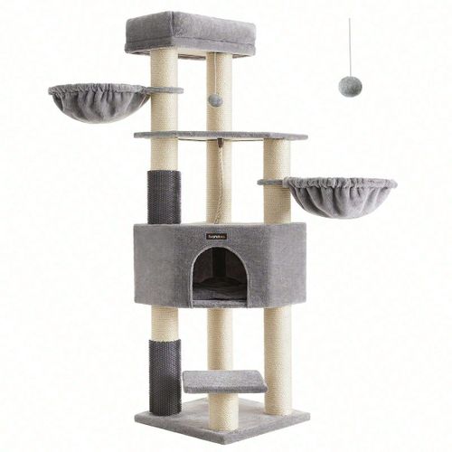 Arbre À Chat Grand Et Stable Avec Tapis Chaud, Auto-Toiletteurs, 50 X 50 X 160 Cm, Gris Tourterelle Et Blanc Crème