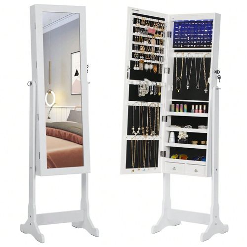 Led Armoire À Bijoux Armoire De Rangement Sur Pieds Avec Serrure Miroir Toute-Longueur 4 Étagères 2 Tiroirs Blanc
