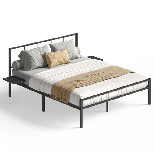 Lit Double, Cadre De Lit En Métal Avec Étagères De Rangement, Tête De Lit, Lit Adolescent, Adapté Pour Matelas 140 X 190 Cm, Montage Facile, Noir Mat