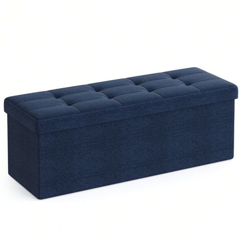 Banc De Rangement Pliable De 110 Cm, Coffre De Rangement, Tabouret Repose-Pieds, Pouf De Chambre, Bleu Nuit