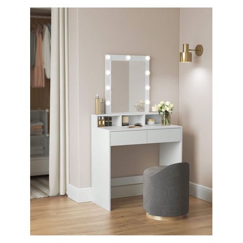 Coiffeuse, Miroir Led, Avec Miroir, 2 Tiroirs Et 3 Compartiments, Sans Tabouret, Style Moderne, Blanc