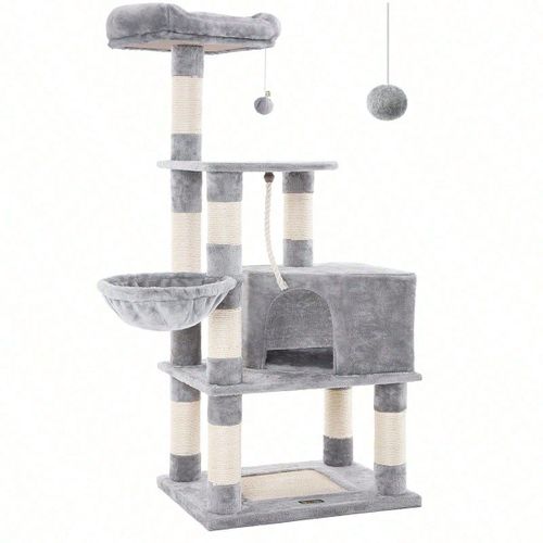 Arbre À Chat Stable, Tour De Jeux 138 Cm, Gris Clair