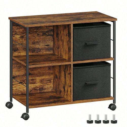 Caisson Bureau, Mobile, 2 Tiroirs En Tissu, Montage Facile, Étagères Ouvertes, Marron Rustique Et Noir D'encre