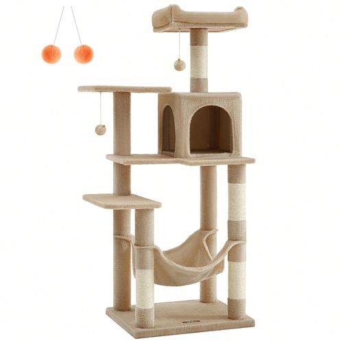 Arbre À Chat Hauteur 143 Cm, Tour De Jeux Pour Chats, Avec 4 Poteaux À Griffer, 2 Plateformes, 1 Niche, 1 Hamac, 2 Pompons, Marron Camel