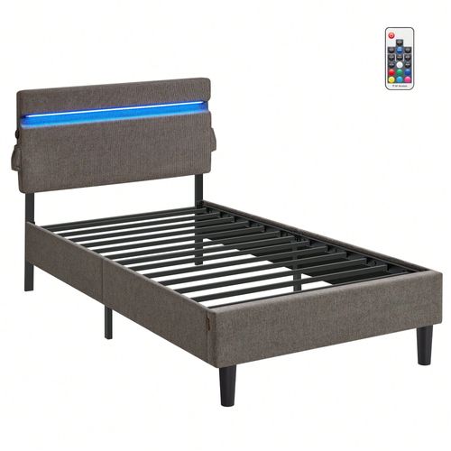 Lit 90 X 190 Cm, Cadre De Lit Avec Tête De Lit, Éclairage Led, Prise Port Usb Et Type-C, Style Moderne, Gris Foncé
