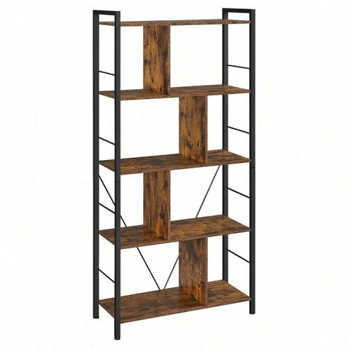 Meuble De Rangement, Bibliothèque, Étagère 5 Niveaux, Avec Compartiments Ouverts, Marron Rustique Et Noir