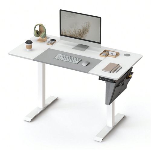 Bureau Assis Debout Électrique, 60 X 120 X (72-120) Cm, Table Réglable En Hauteur, Blanc Pur Et Gris Tourterelle