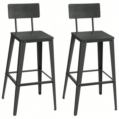 Tabouret Bar Industriel, Lot De 2, Chaise Bar Cuisine, Avec Dossier, Cadre En Acier, Montage Facile, Style Industriel, Noir Cendré Et Noir D'encre