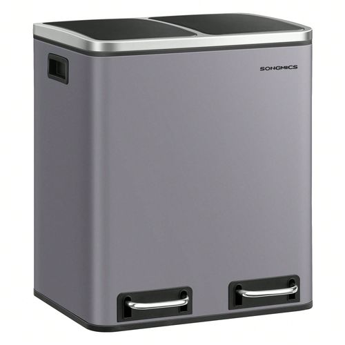 Poubelle Cuisine, 2 x 15 L, avec pédale, 2 compartiments, 15 Sacs Poubelles, Seaux Intérieurs, Couvercles en douceur, en acier, Gris Ardoise
