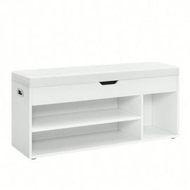 Banc À Chaussures Rembourré, 3 Compartiments, Rangement Caché, Étagères, Capacité De Charge 150 Kg, Blanc