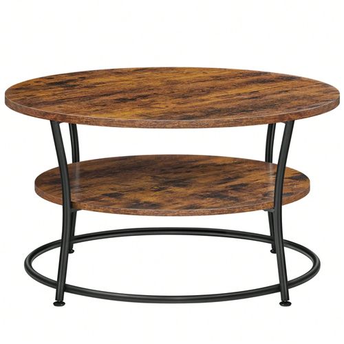 Table Basse, Table À Cocktail Ronde Avec Étagère, Table À Thé, Montage Facile, Métal, Design Industriel, Marron Rustique
