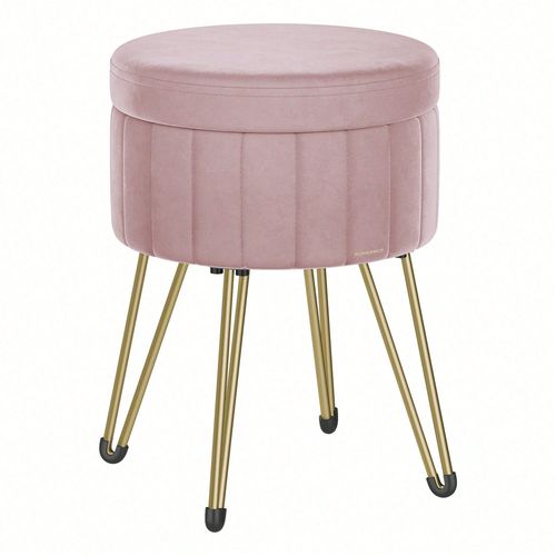 Tabouret Rangement, Siège Rond, Tabouret Coiffeuse, Pouf En Velours, Repose-Pieds, 39 X 44,4 Cm (Diamètre X H), 4 Pieds En Métal, Rose Bonbon