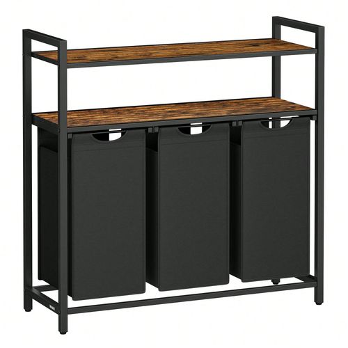Panier à linge 3 compartiments avec 2 Étagères, Marron et Noir