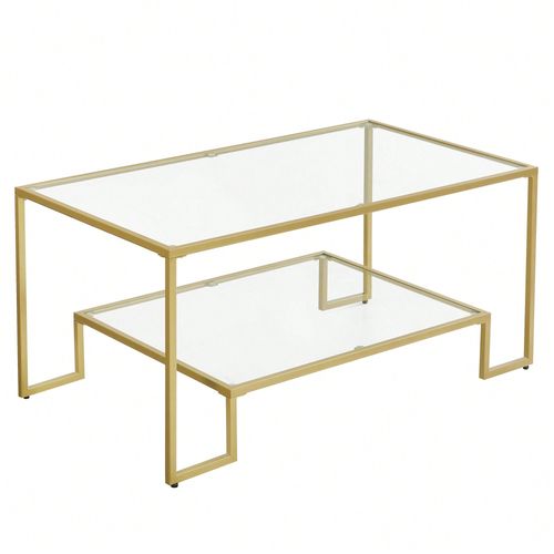 Table Basse, 2 Niveaux En Verre Trempé, Cadre En Acier, 100 X 55 X 45 Cm, Doré