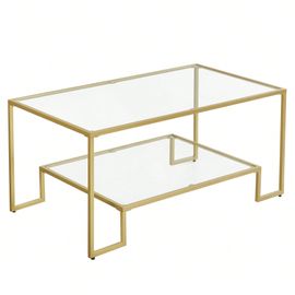 Table Basse, 2 Niveaux En Verre Trempé, Cadre En Acier, 100 X 55 X 45 Cm, Doré