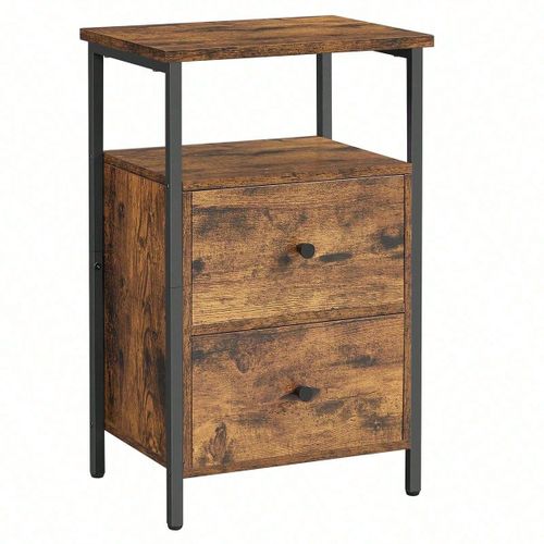 Table De Chevet, 2 Tiroirs, 38 X 28 X 60 Cm, Style Industriel, Marron Rustique Et Noir