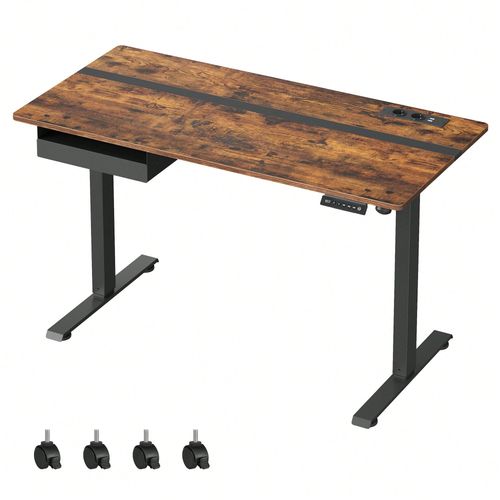 Bureau Électrique Réglable En Hauteur, Multiprise, Tiroir, 60 X 140 Cm, Réglable En Continu, Couleur Chêne Naturel Et Blanc Nuage