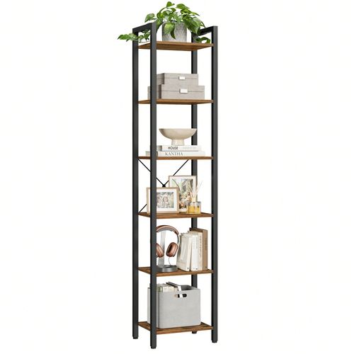 Bibliothèque 6 Niveaux, Étagère Livres, Meuble De Rangement Ouvert,40 X 30 X 187,5 Cm, Marron Rustique Et Noir