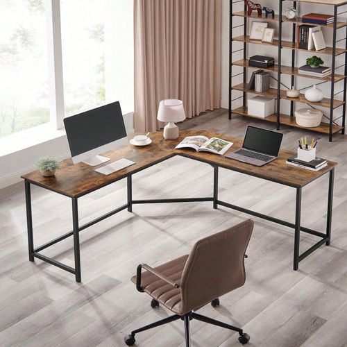 Bureau D'angle, Table En Forme De L, Pour Travailler Et Réviser, Marron Rustique Lwd73x