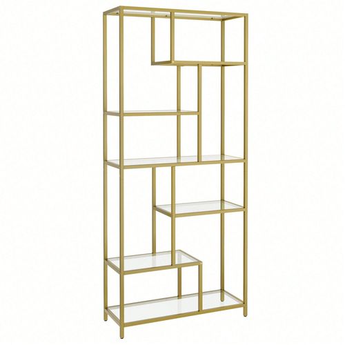 Étagère De Rangement, Bibliothèque, 6 Niveaux, Porte-Plantes, 30 X 80 X 180 Cm, Verre Trempé, Doré Métallique