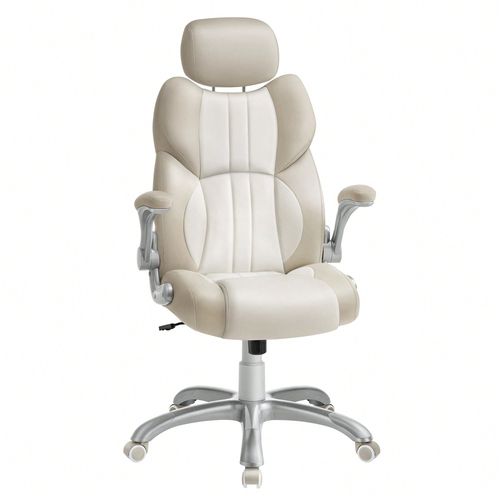 Chaise De Bureau, Mécanisme À Bascule, Accoudoirs Pliables, Roulettes Auto-Bloquantes, Hauteur Réglable, Blanc Crème