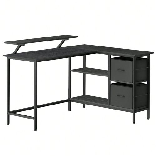 Bureau En Forme De L Avec 2 Tiroirs Spacieux, Bureau Gaming Avec Support Pour Écran, Bureau D'angle, Étagère Réglable, Pour Bureau, Noir Boisé