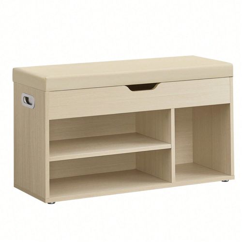 Banc À Chaussures Rembourré, 3 Compartiments, Rangement Caché, Étagères, Pour Salon, Entrée, Chambre, Capacité De Charge 150 Kg, Beige Naturel