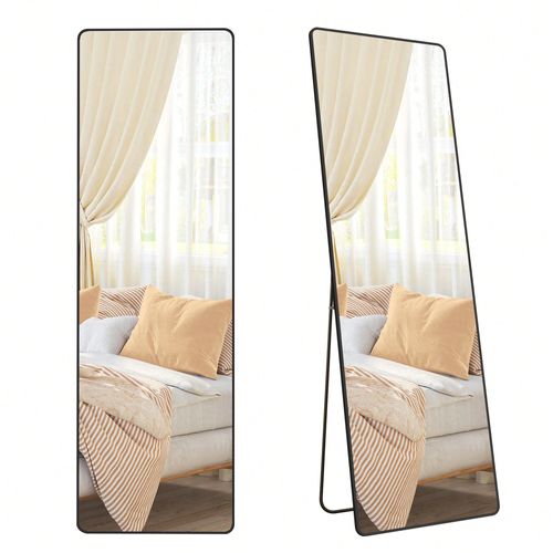 Miroir Intégral, 165 x 50 cm, Miroir Rectangulaire sur Pied, Grand Miroir à poser au Sol, Cadre en alliage d'aluminium, Verre Trempé, Noir d'encre
