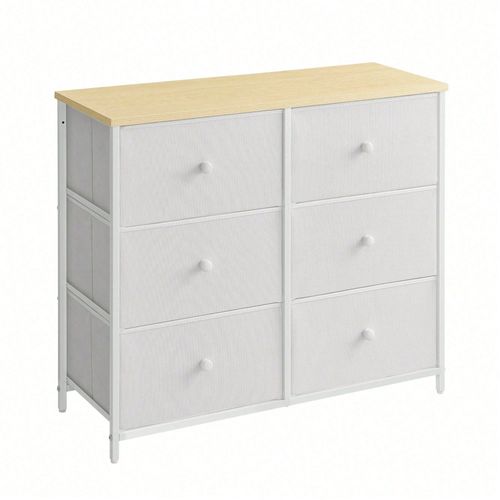 Commode Avec Tiroirs En Tissu, Meuble De Rangement Avec 6 Tiroirs, Style Industriel, Cadre En Acier, Plateau, Blanc Et Couleur Boisée