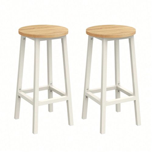Tabouret De Bar, Lot De 2, Chaise De Cuisine, Siège Haut, Cadre En Métal, Avec Repose-Pieds, Beige Chêne Et Blanc Classique