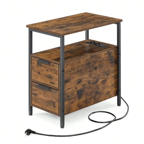 Table D'appoint Avec Multiprise, Petite Table Fine Avec 2 Tiroirs, Table De Chevet Avec Rangement, Marron Rustique Et Noir Classique