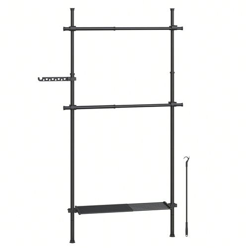 Portant À Vêtement Du Sol Au Plafond, Rangement 3 Niveaux, Étagère Extensible, Bras De Support Pliable, Barres Télescopiques, Noir Mat