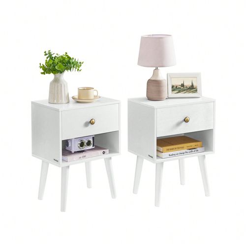 Tables De Chevet, Lot De 2, Tables Basses Avec Tiroir Et Compartiment Ouvert, Pieds En Bois, Tables Pour Salon, Chambre, Canapé, Blanc Neige