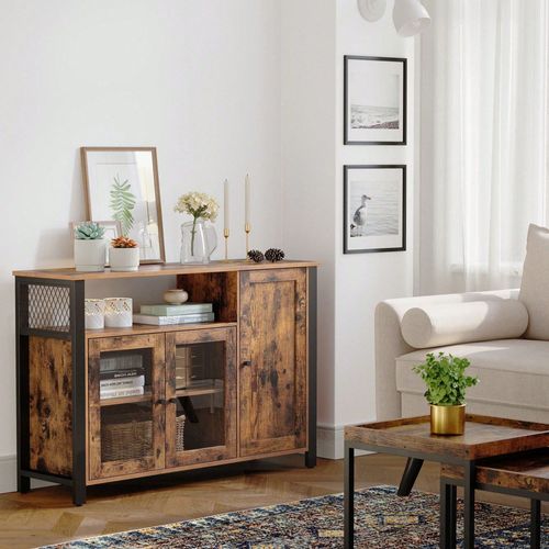 Buffet Avec Placard 3 Portes, 110 X 33 X 75 Cm, Style Industriel, Marron Rustique Et Noir