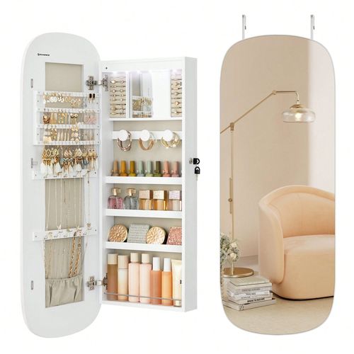 Armoire À Bijoux, Miroir Mural Avec Led Et Serrure, Surface Blanche Et Doublure Grise Beige