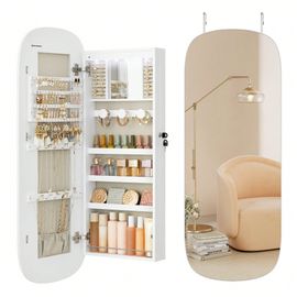 Armoire À Bijoux, Miroir Mural Avec Led Et Serrure, Surface Blanche Et Doublure Grise Beige