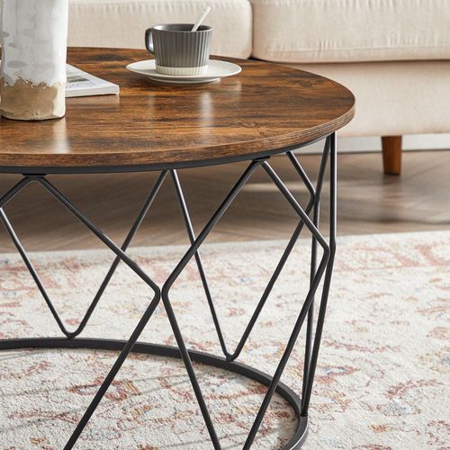 Table Basse Ronde, Cadre En Acier, Pour Salon, Chambre, Bureau, Marron Rustique Et Noir