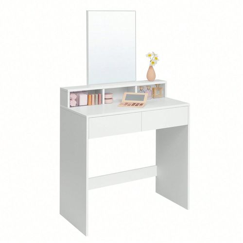 Coiffeuse Avec Grand Miroir, Avec 2 Tiroirs Et 3 Compartiments, Coin Beauté, Style Moderne, Blanc