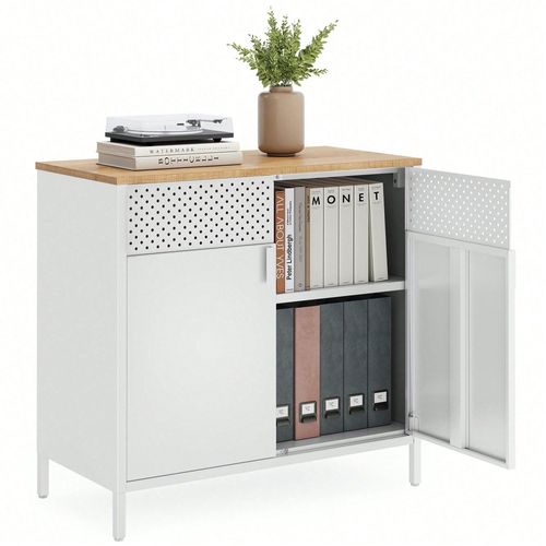 Meuble De Rangement, Buffet, En Métal, Double Porte, Fermeture Magnétique, Cadre En Acier, Couleur Boisée Et Blanc