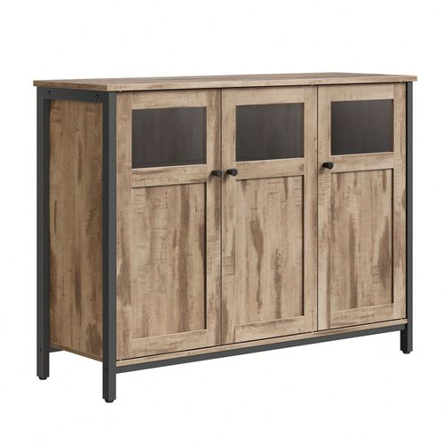 Meuble De Rangement, Buffet, Avec Placard 3 Portes, Cadre En Acier, Style Industriel, Marron Camel Et Noir D'encre