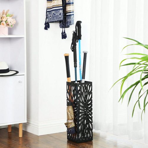 Porte-parapluies, Carré, en acier, Organisateur sur Pieds, pour parapluies et Cannes, avec réceptacle d'eau Amovible, 4 Crochets, Noir