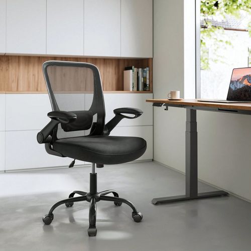 Fauteuil De Bureau Avec Accoudoir Rabattable, Chaise De Bureau En Toile, Siège, Pivotant À 360°, Support Lombaire Réglable, Noir