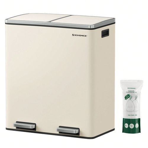Poubelle à Double Compartiment 2 x 30L, avec 15 Sacs Poubelles, Pédales en Métal, 2 Seaux en Plastique, Couvercles, Poignées, Fermeture en Douceur, Hermétique, Crème LTB060A01