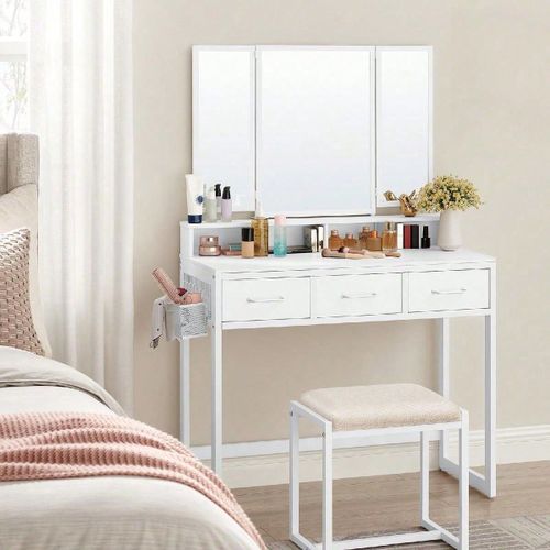 Coiffeuse Avec Tabouret, Miroir Triple, 3 Tiroirs, Porte-Sèche-Cheveux, Pot, Style Moderne, 90 X 40 X 141 Cm, Blanc