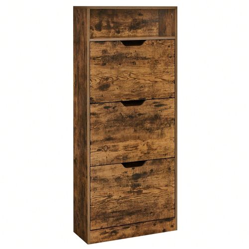 Meuble À Chaussures 3 Portes Battantes, Compartiment Ouvert, Séparateur Réglable, 24 X 60 X 130 Cm, Marron Rustique
