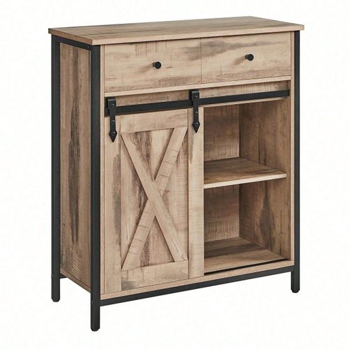 Meuble De Rangement, Buffet, Avec Porte Coulissante, 70 X 30 X 80 Cm, Étagère Réglable, Style Campagnard, Marron Boisé Et Noir