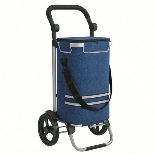Caddie de courses, Chariot de courses, Pliable, avec sac Isotherme, Polyvalent, Sac Amovible, roulettes, Solide, Bleu